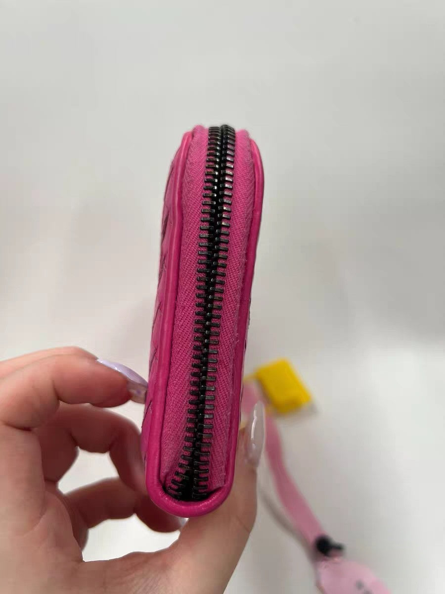 Bottega Veneta Intrecciato Hot Pink Leather Zip Around Wallet
