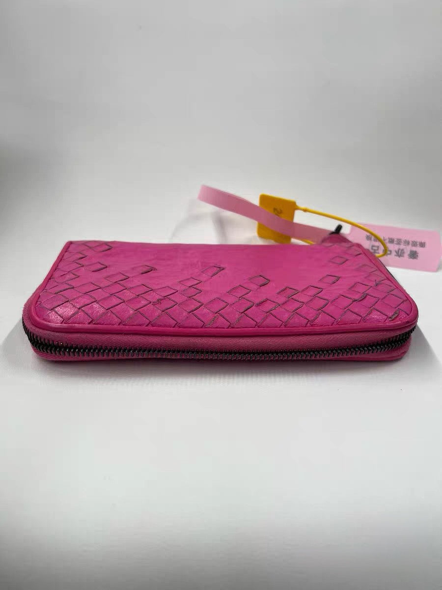 Bottega Veneta Intrecciato Hot Pink Leather Zip Around Wallet