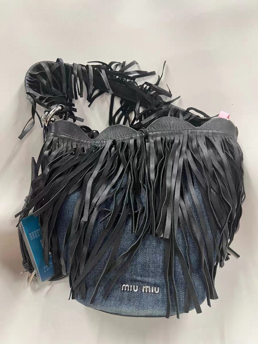 Miu Miu Fringed Denim Bucket Bag