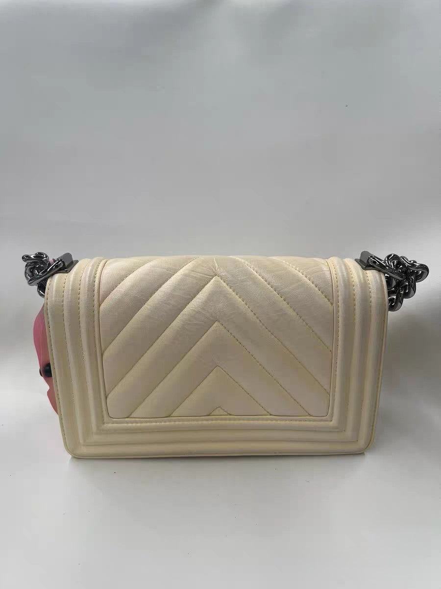 Chanel Boy Small Chevron Beige Leather Shoulder Bag