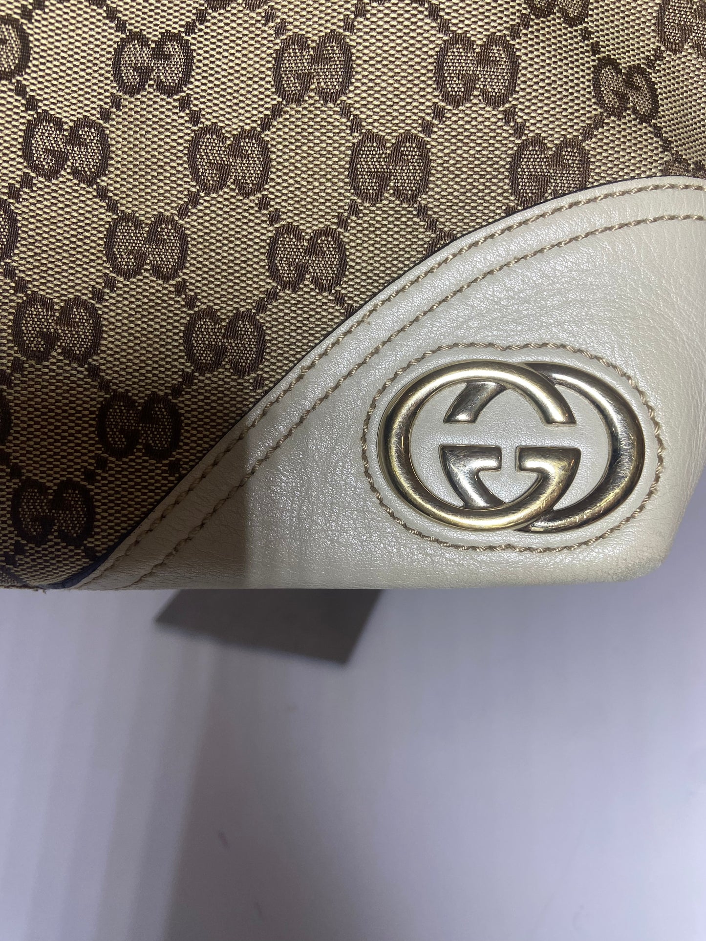 Gucci GG Monogram Canvas Tote Bag with Beige Leather Trim