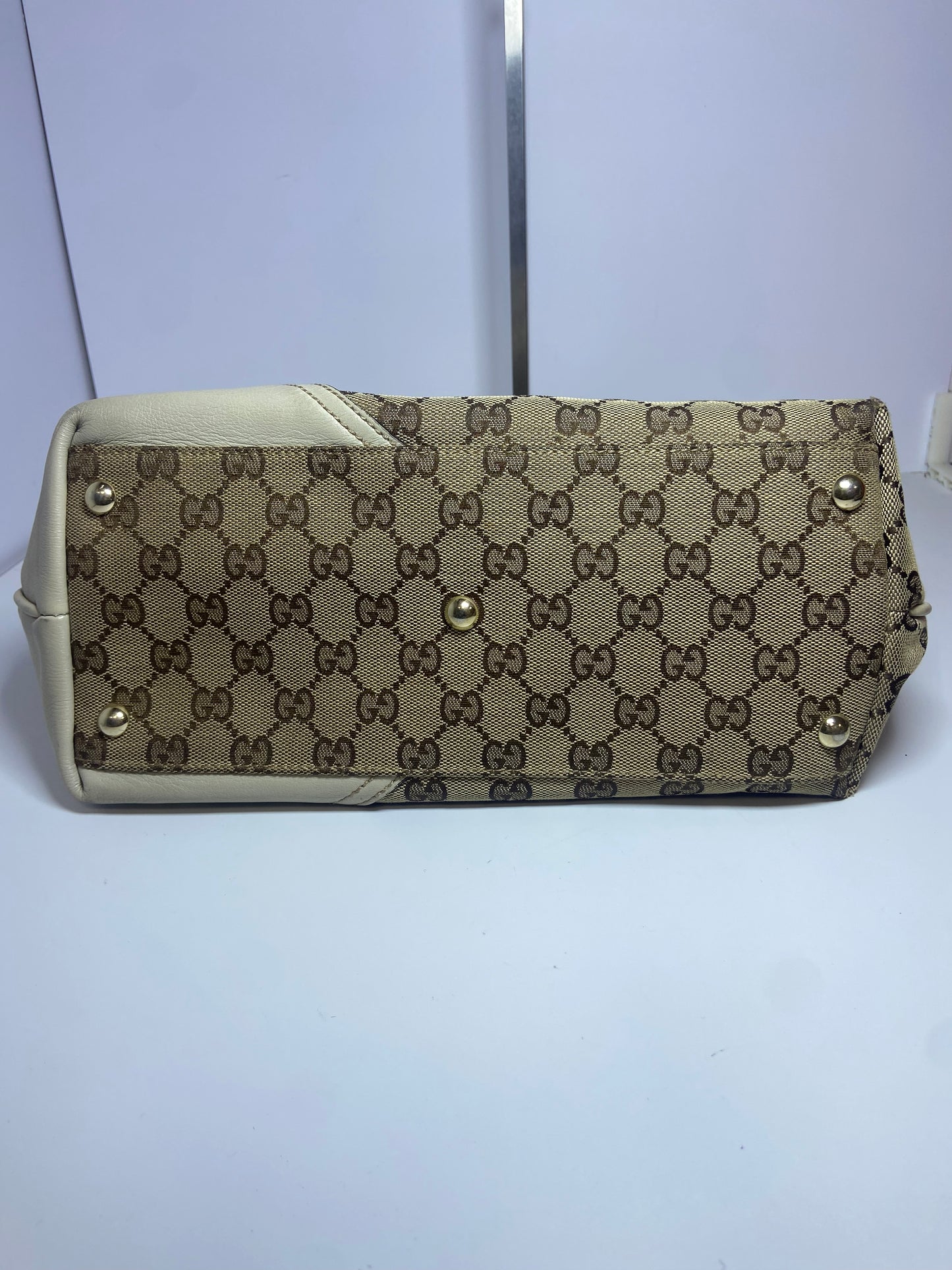Gucci GG Monogram Canvas Tote Bag with Beige Leather Trim