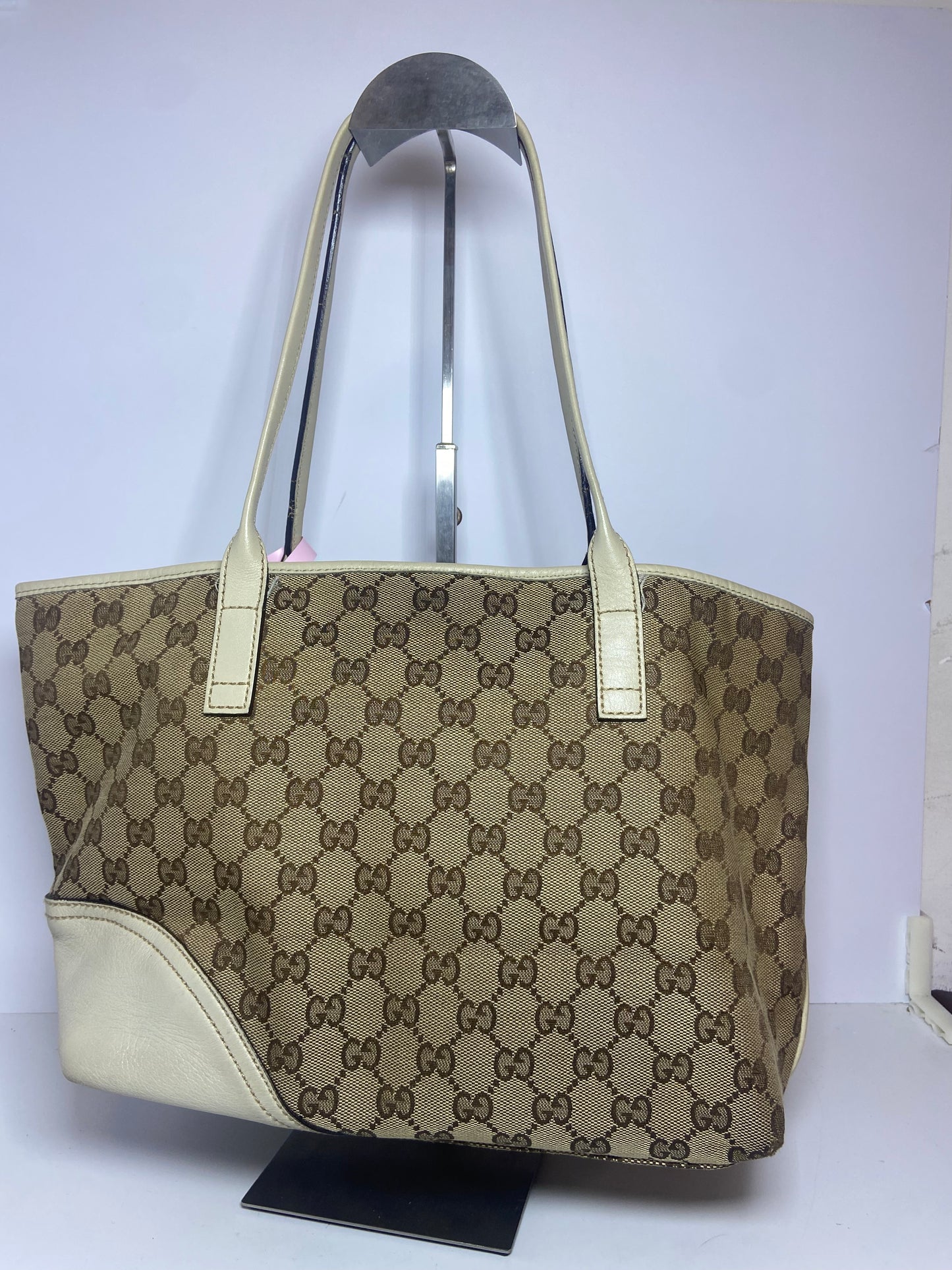 Gucci GG Monogram Canvas Tote Bag with Beige Leather Trim