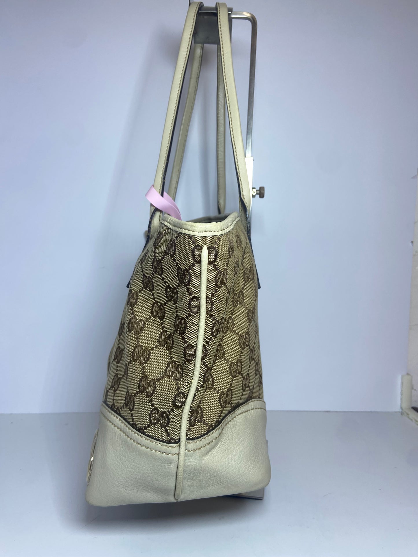 Gucci GG Monogram Canvas Tote Bag with Beige Leather Trim