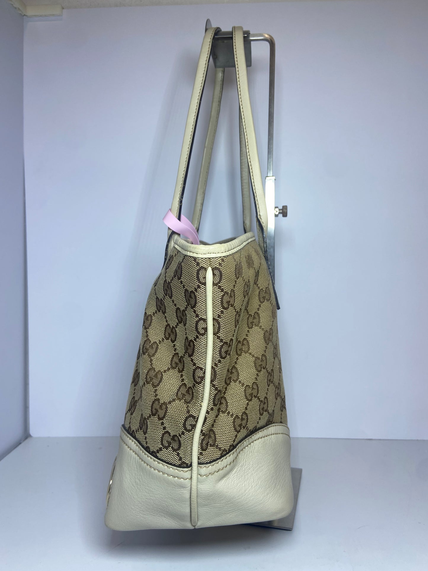 Gucci GG Monogram Canvas Tote Bag with Beige Leather Trim