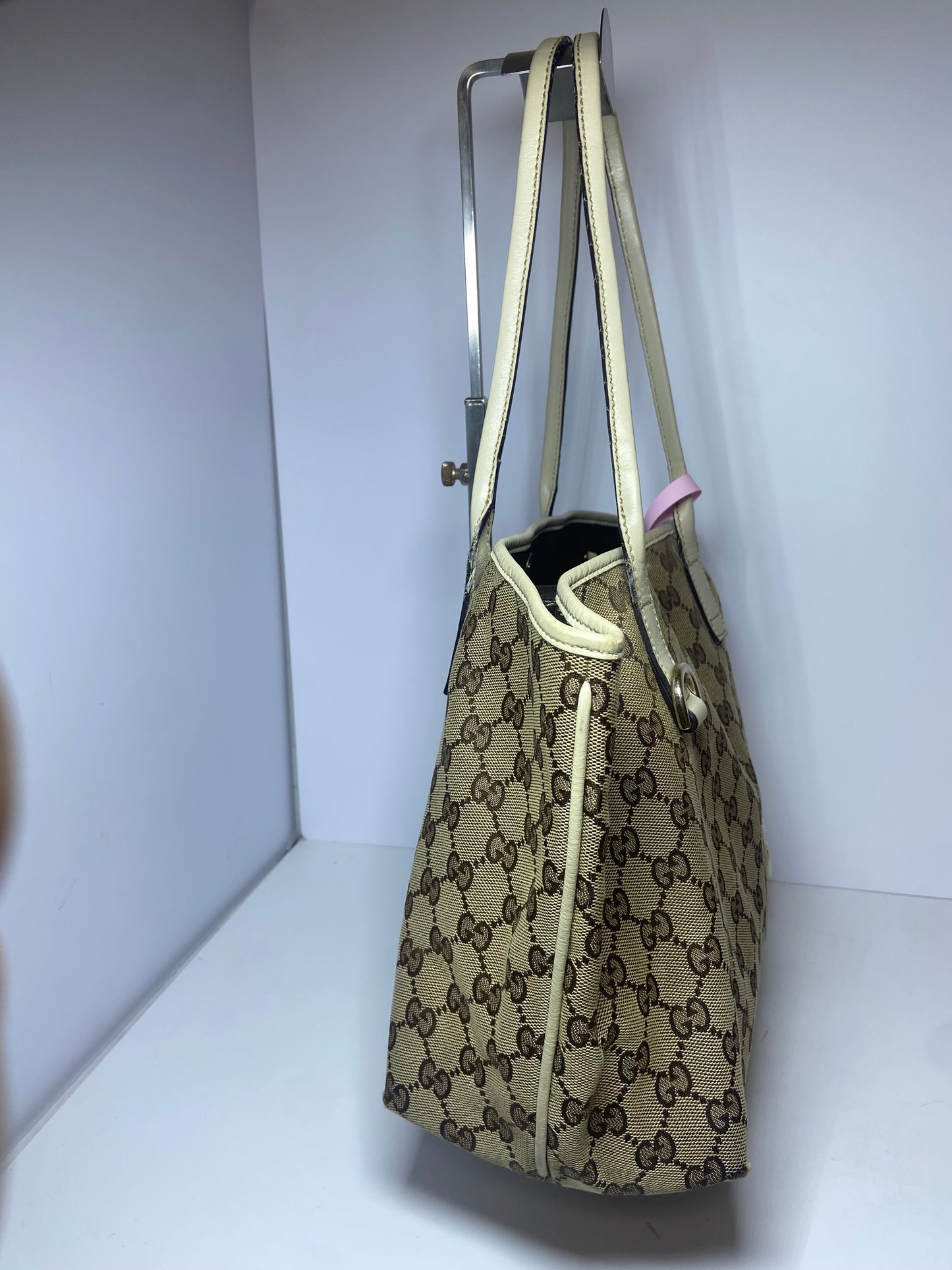 Gucci GG Monogram Canvas Tote Bag with Beige Leather Trim
