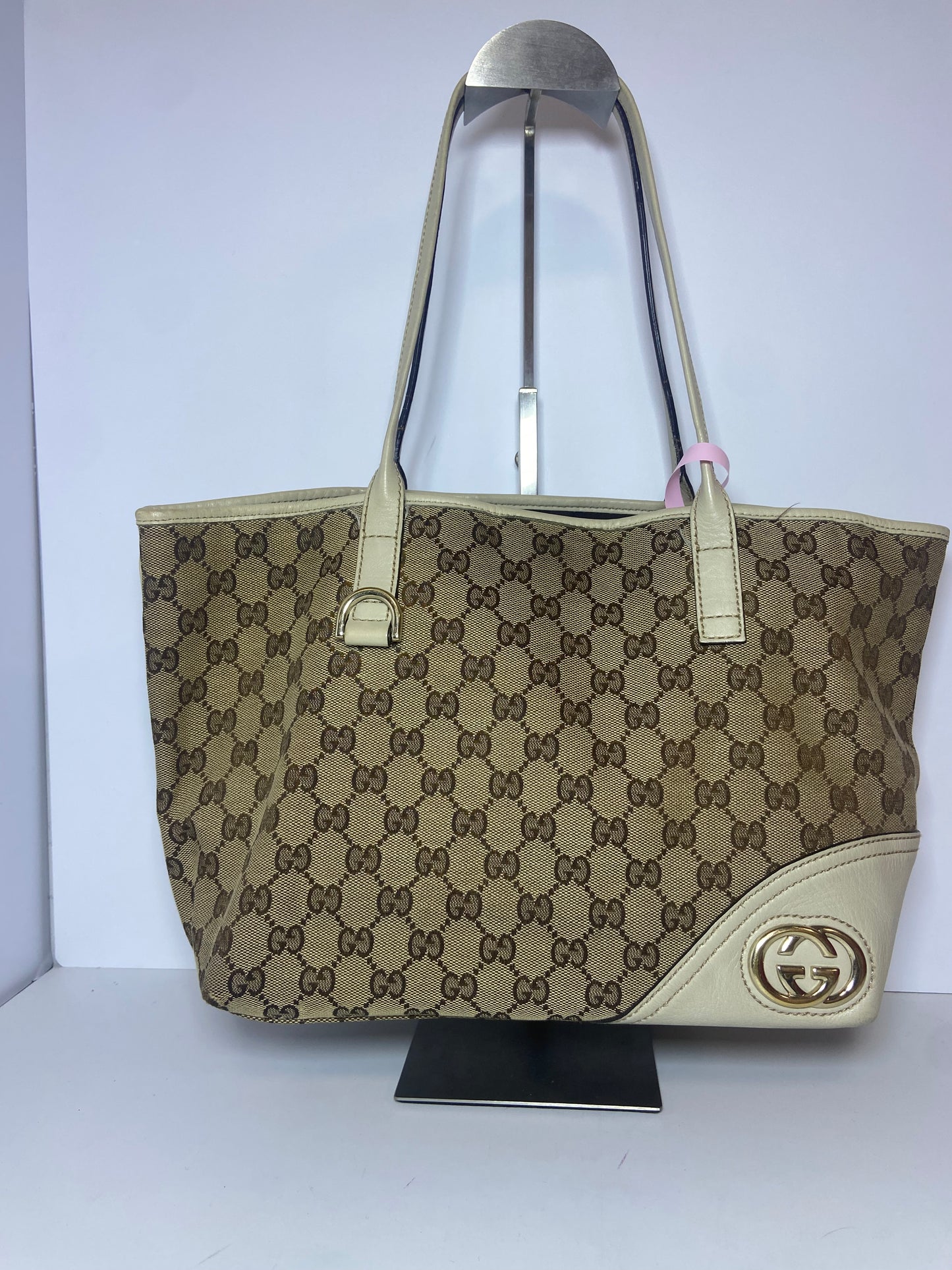 Gucci GG Monogram Canvas Tote Bag with Beige Leather Trim