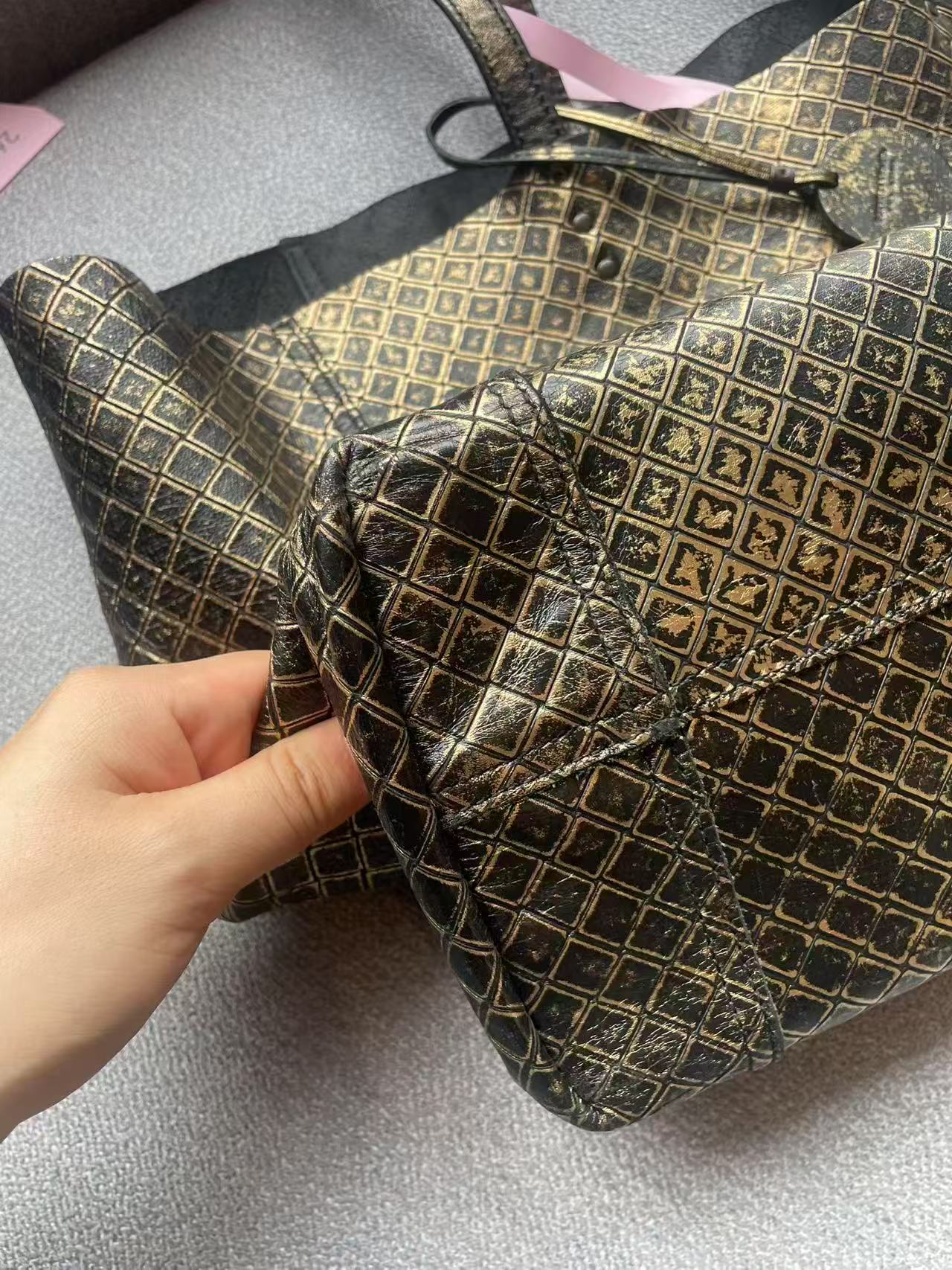 Bottega Veneta Large Intreccio Gold Foil Leather Tote Bag