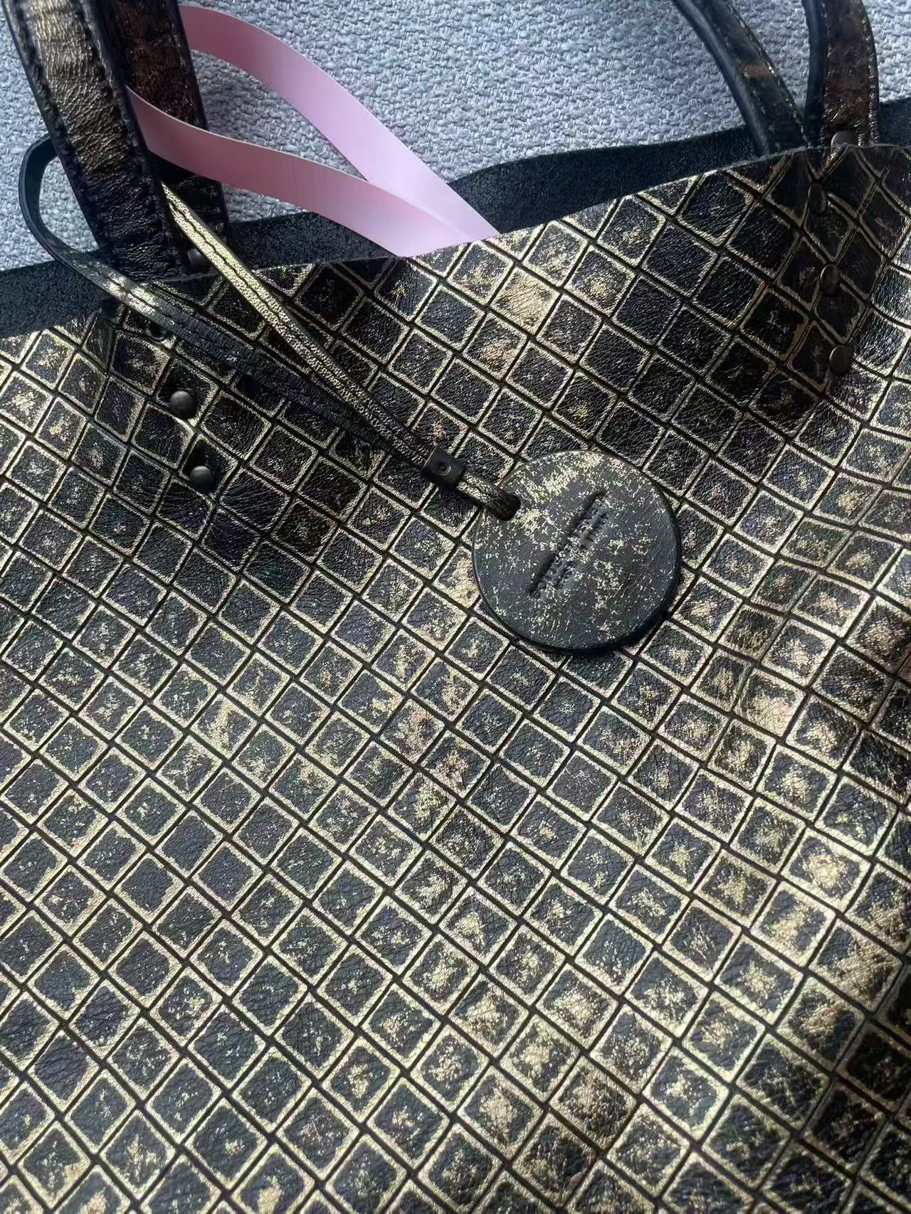 Bottega Veneta Large Intreccio Gold Foil Leather Tote Bag