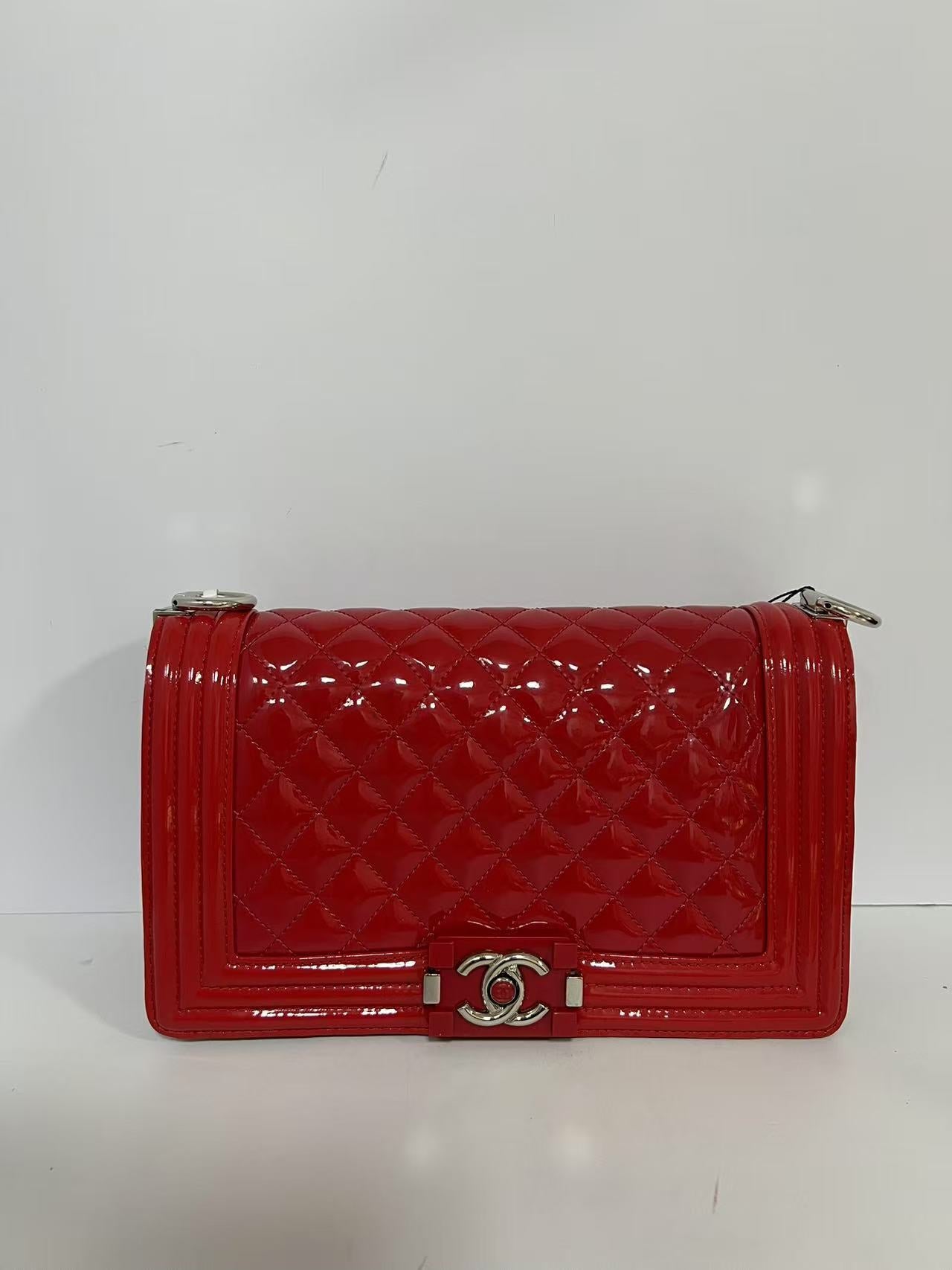 Chanel Large Boy Bag Quilted Red Patent Leather Shoulder Bag