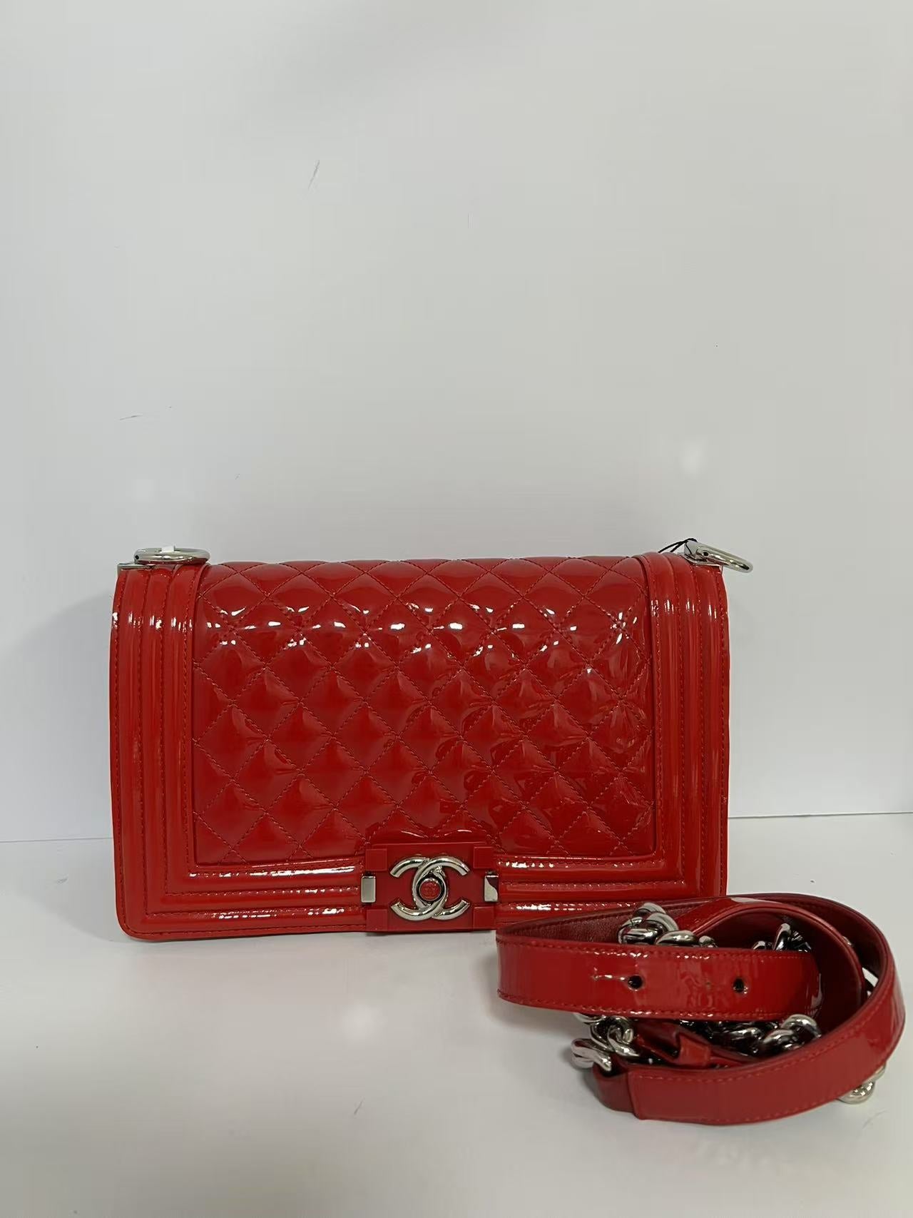 Chanel Large Boy Bag Quilted Red Patent Leather Shoulder Bag