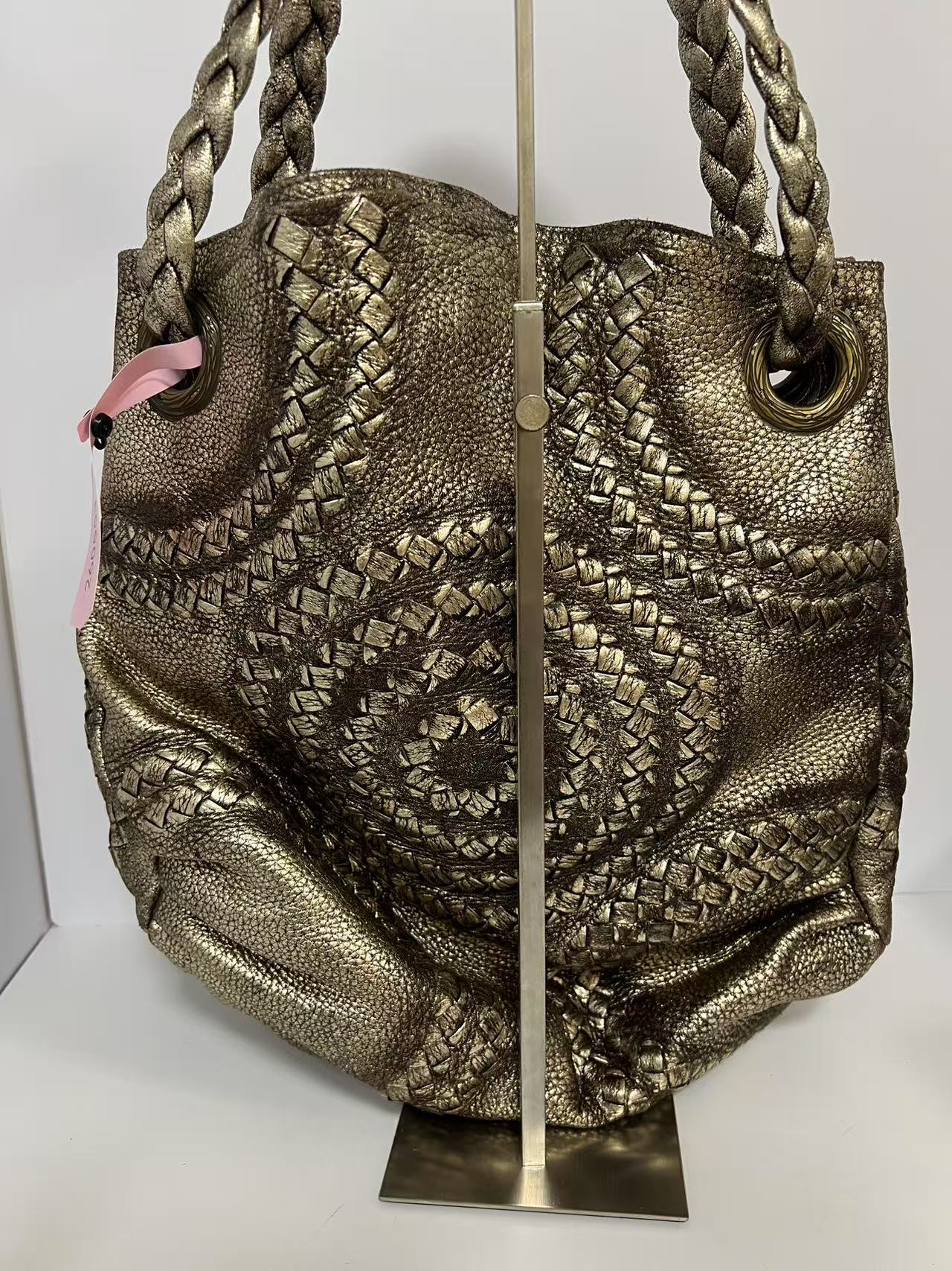 Bottega Veneta Medium Intreccio Woven Metallic Gold Leather Hobo Bag
