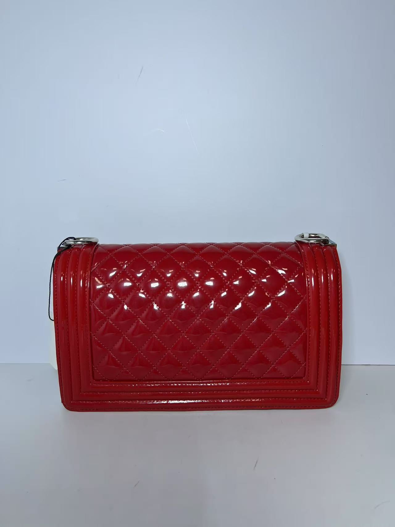 Chanel Large Boy Bag Quilted Red Patent Leather Shoulder Bag