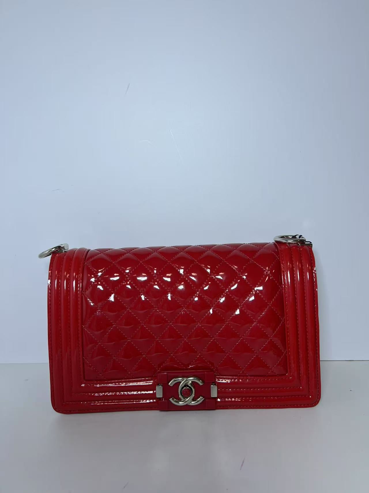 Chanel Large Boy Bag Quilted Red Patent Leather Shoulder Bag