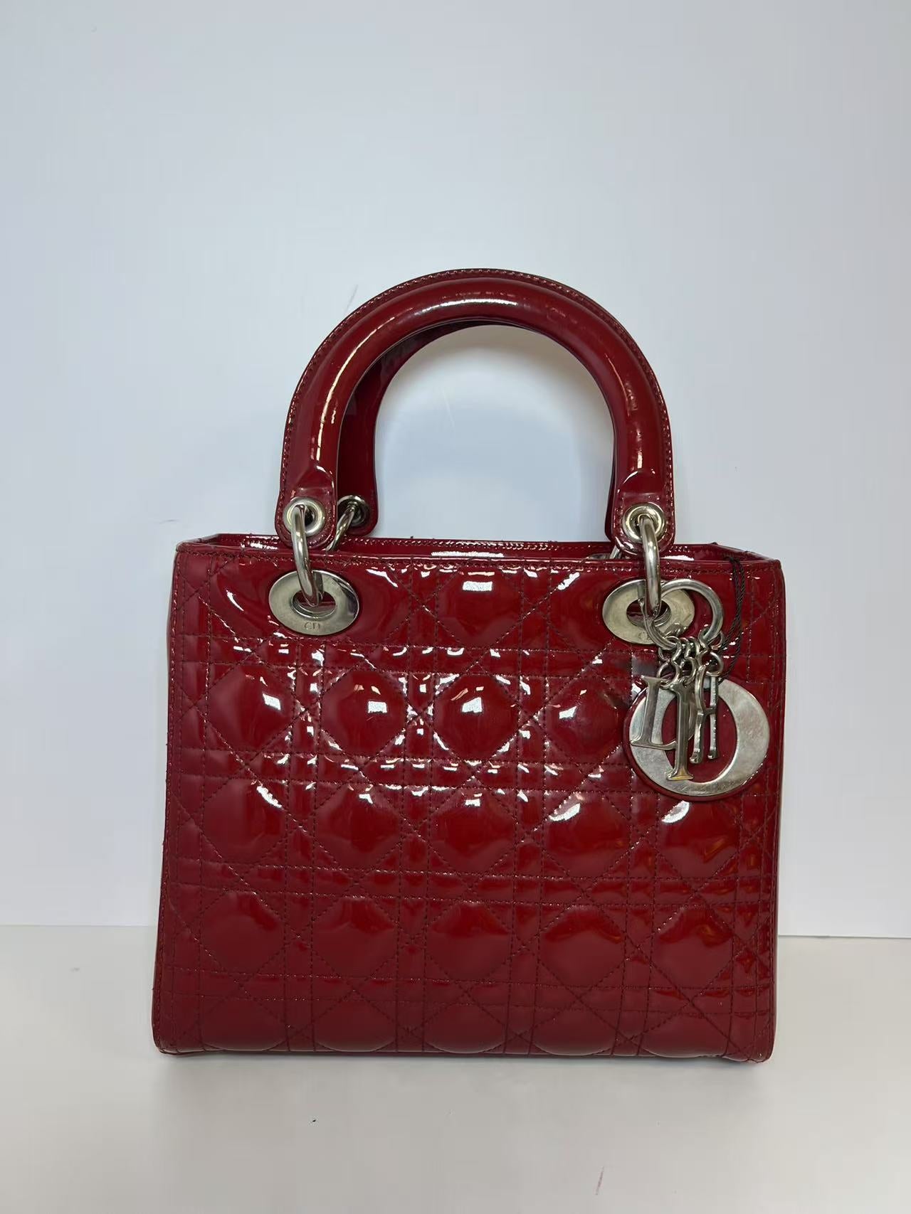 Dior Lady Dior Medium Red Patent Leather Handbag