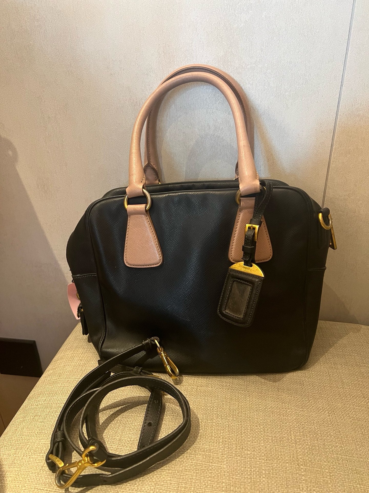 Prada Saffiano Leather Two-Tone Boston Bag with Pink Handles