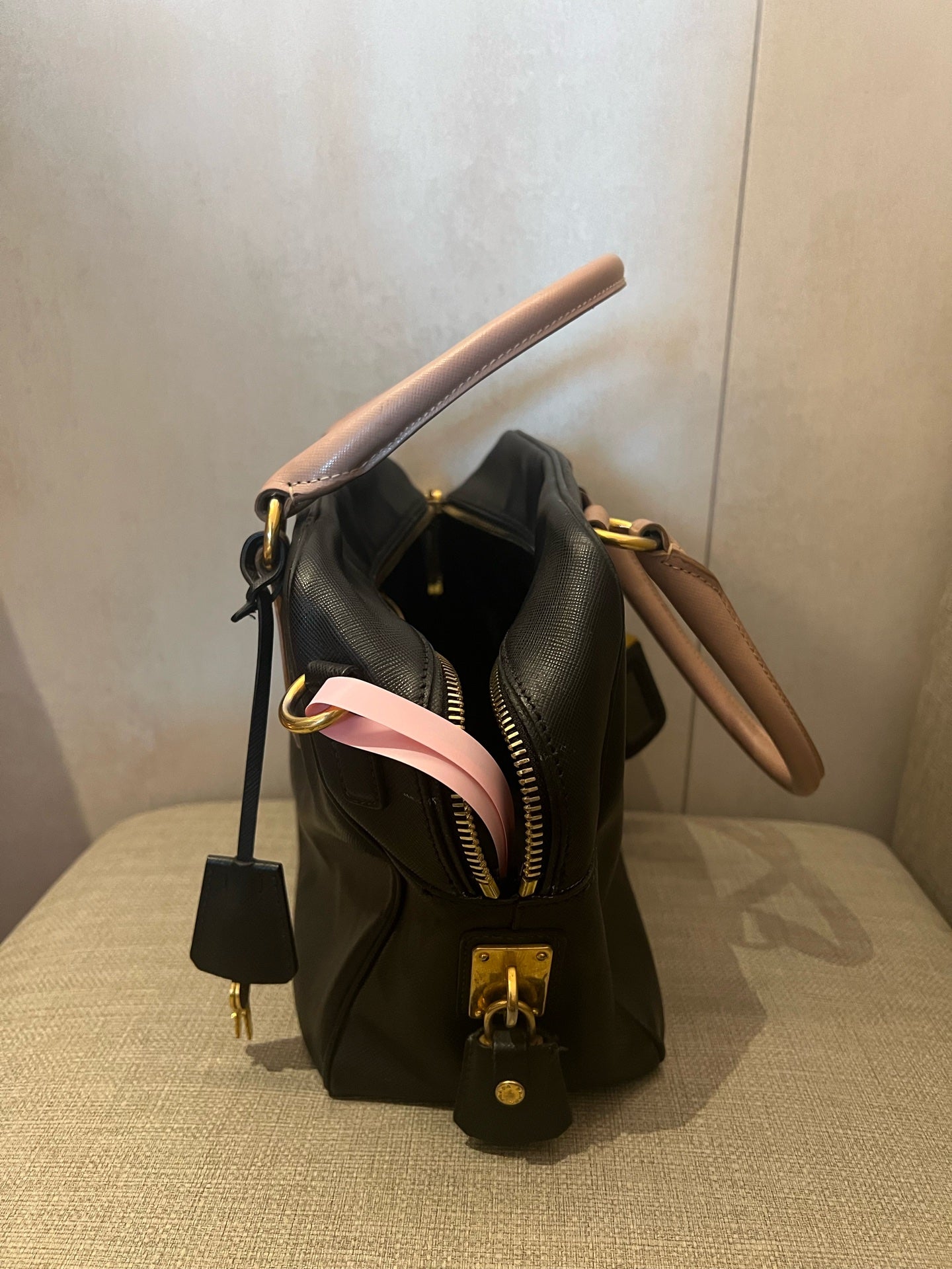 Prada Saffiano Leather Two-Tone Boston Bag with Pink Handles