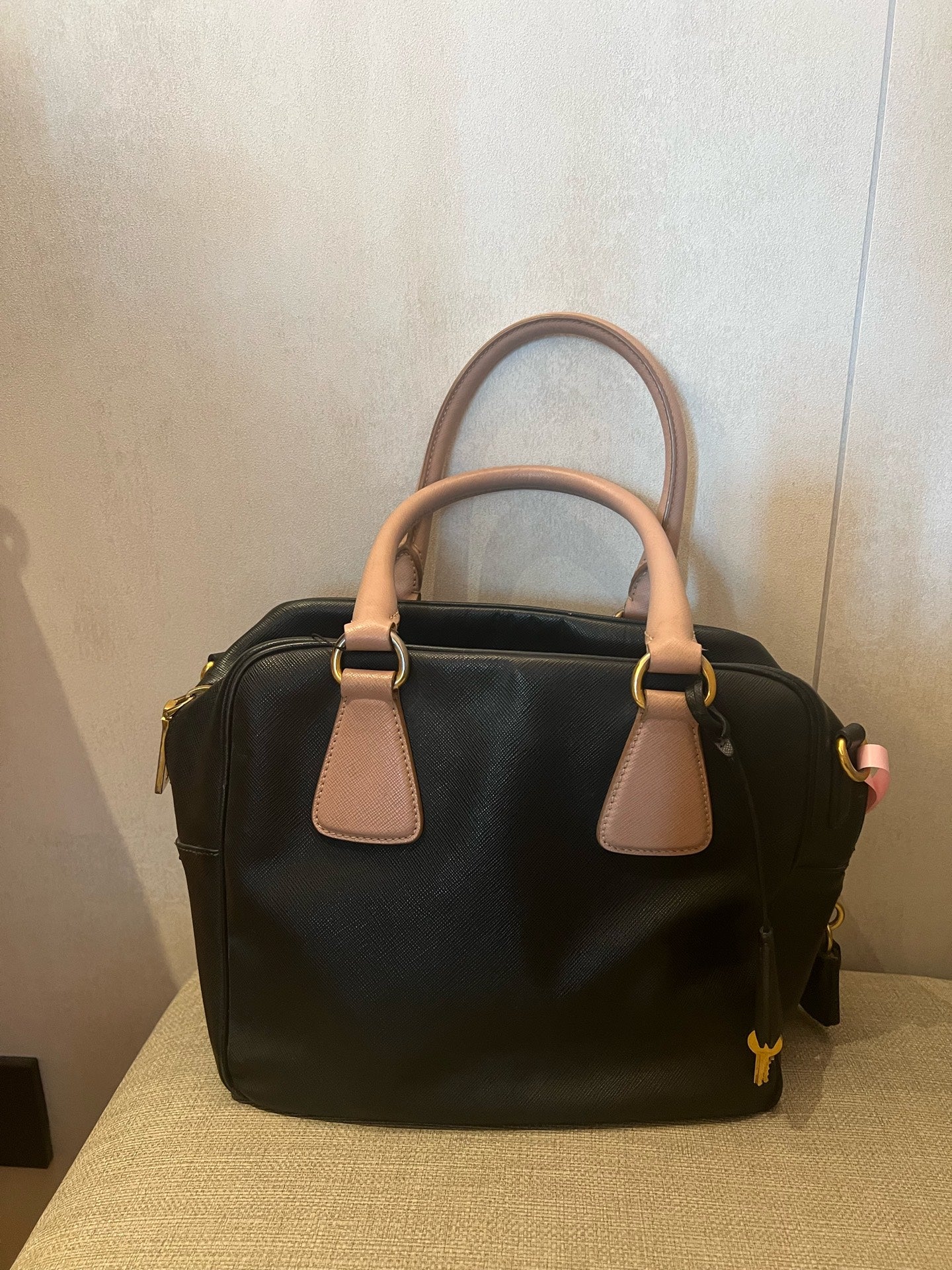 Prada Saffiano Leather Two-Tone Boston Bag with Pink Handles
