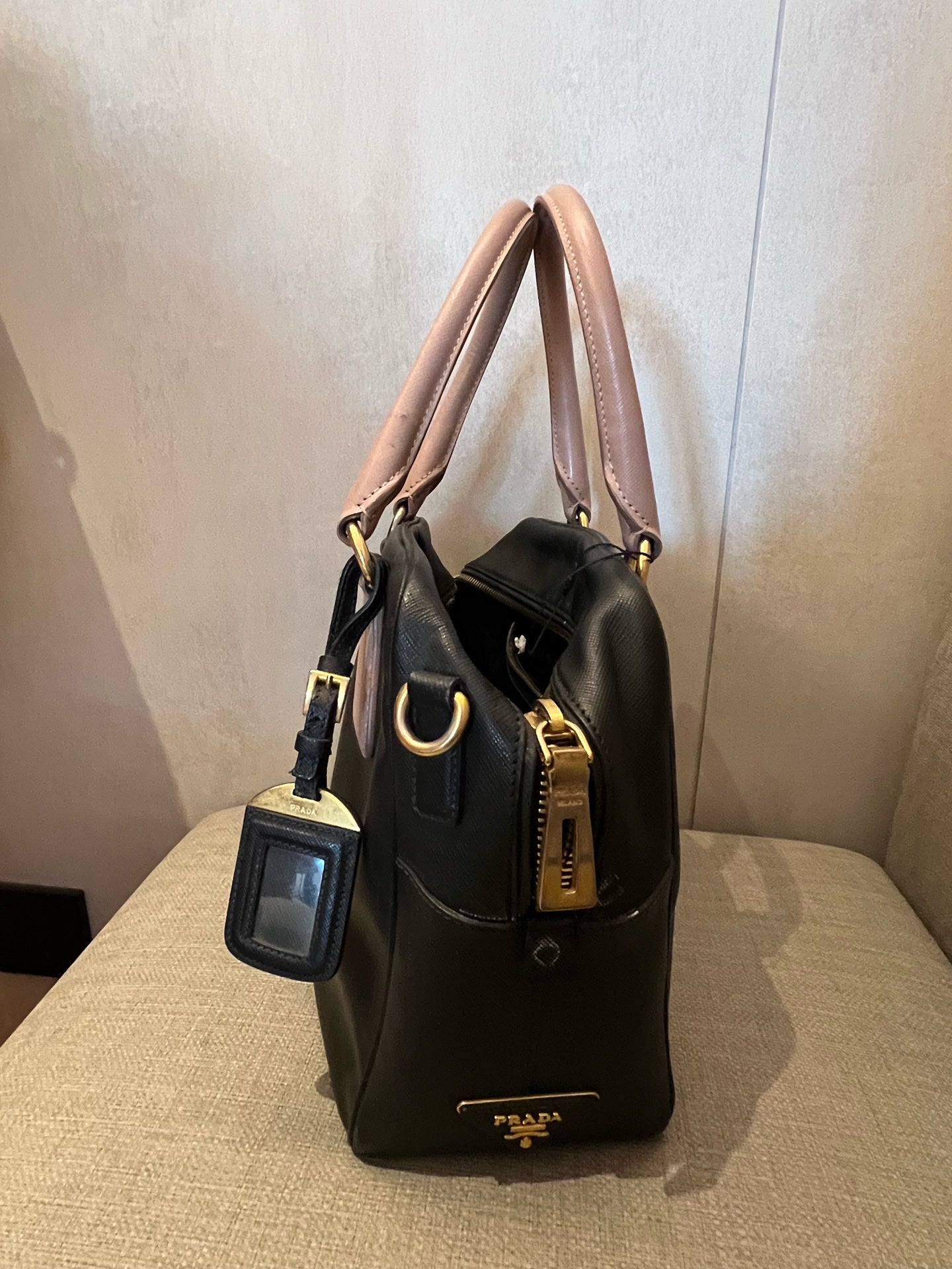 Prada Saffiano Leather Two-Tone Boston Bag with Pink Handles