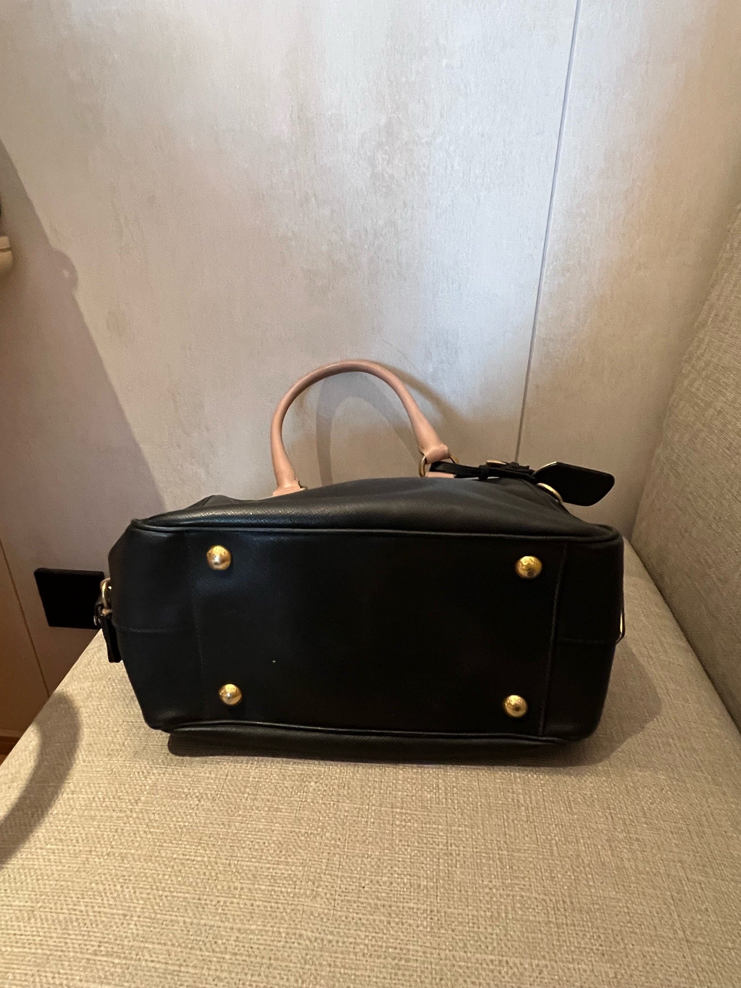 Prada Saffiano Leather Two-Tone Boston Bag with Pink Handles