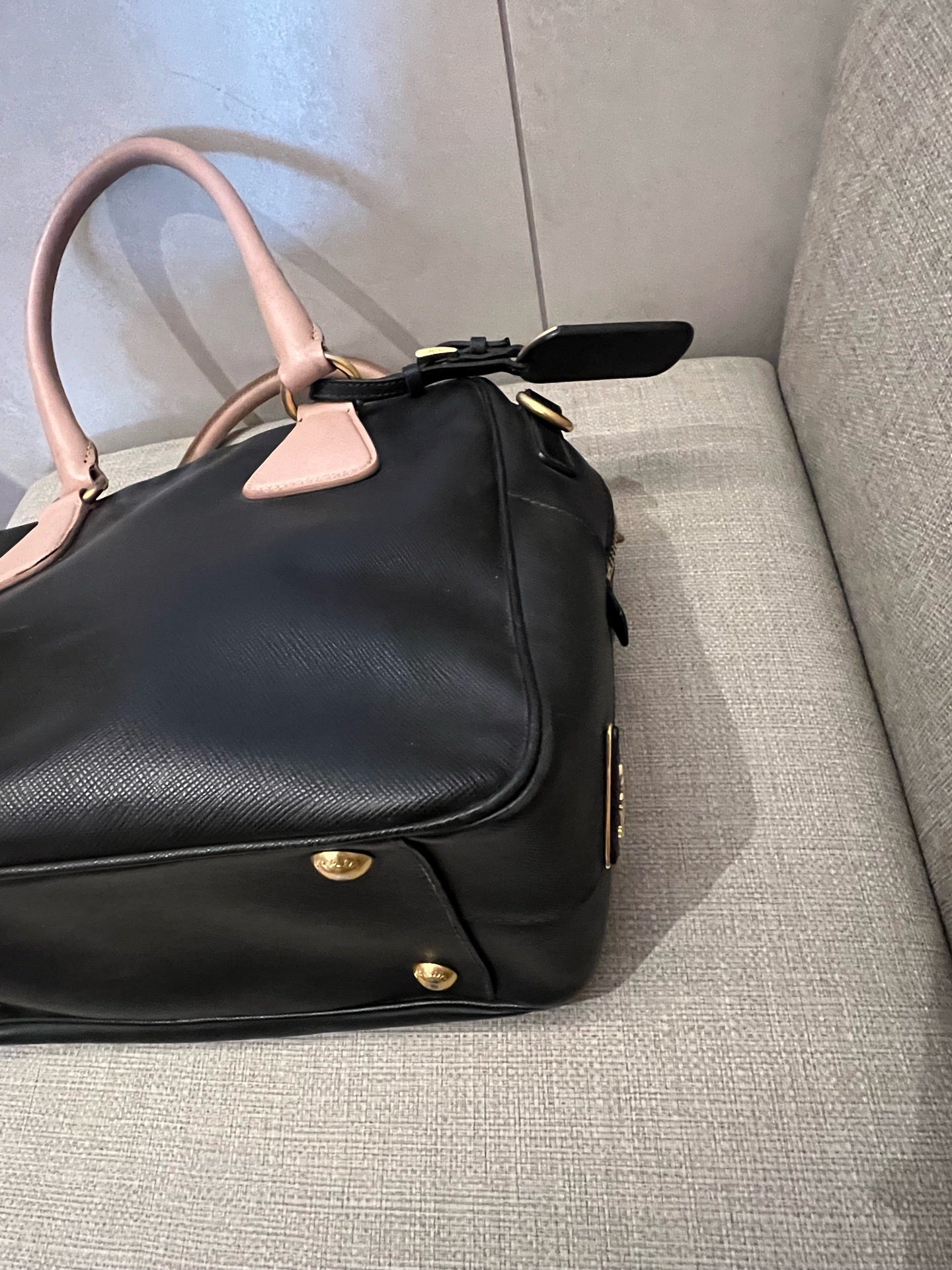 Prada Saffiano Leather Two-Tone Boston Bag with Pink Handles
