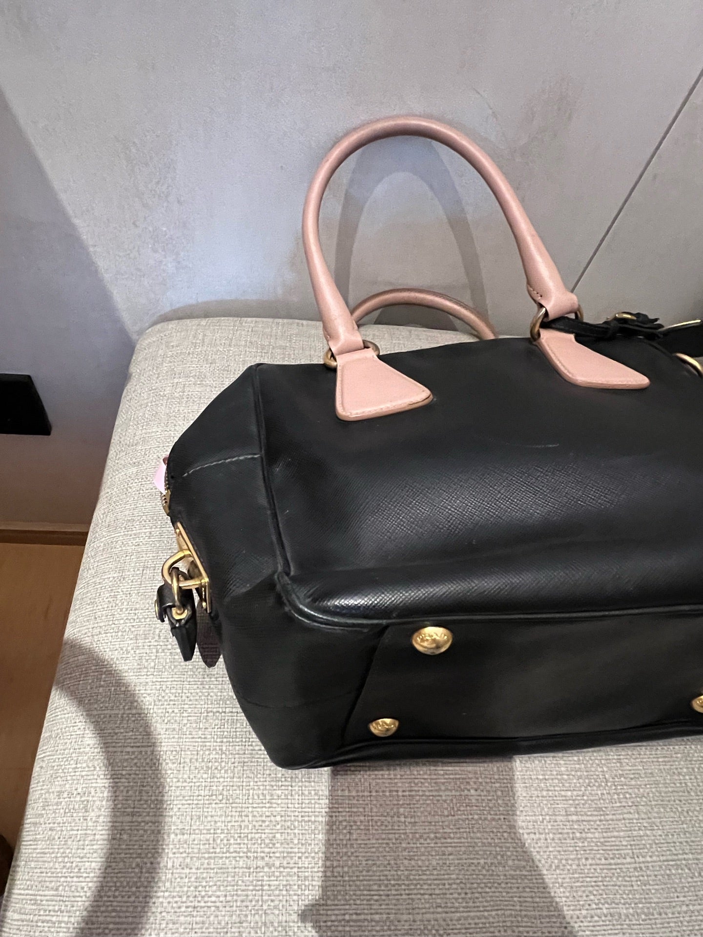 Prada Saffiano Leather Two-Tone Boston Bag with Pink Handles