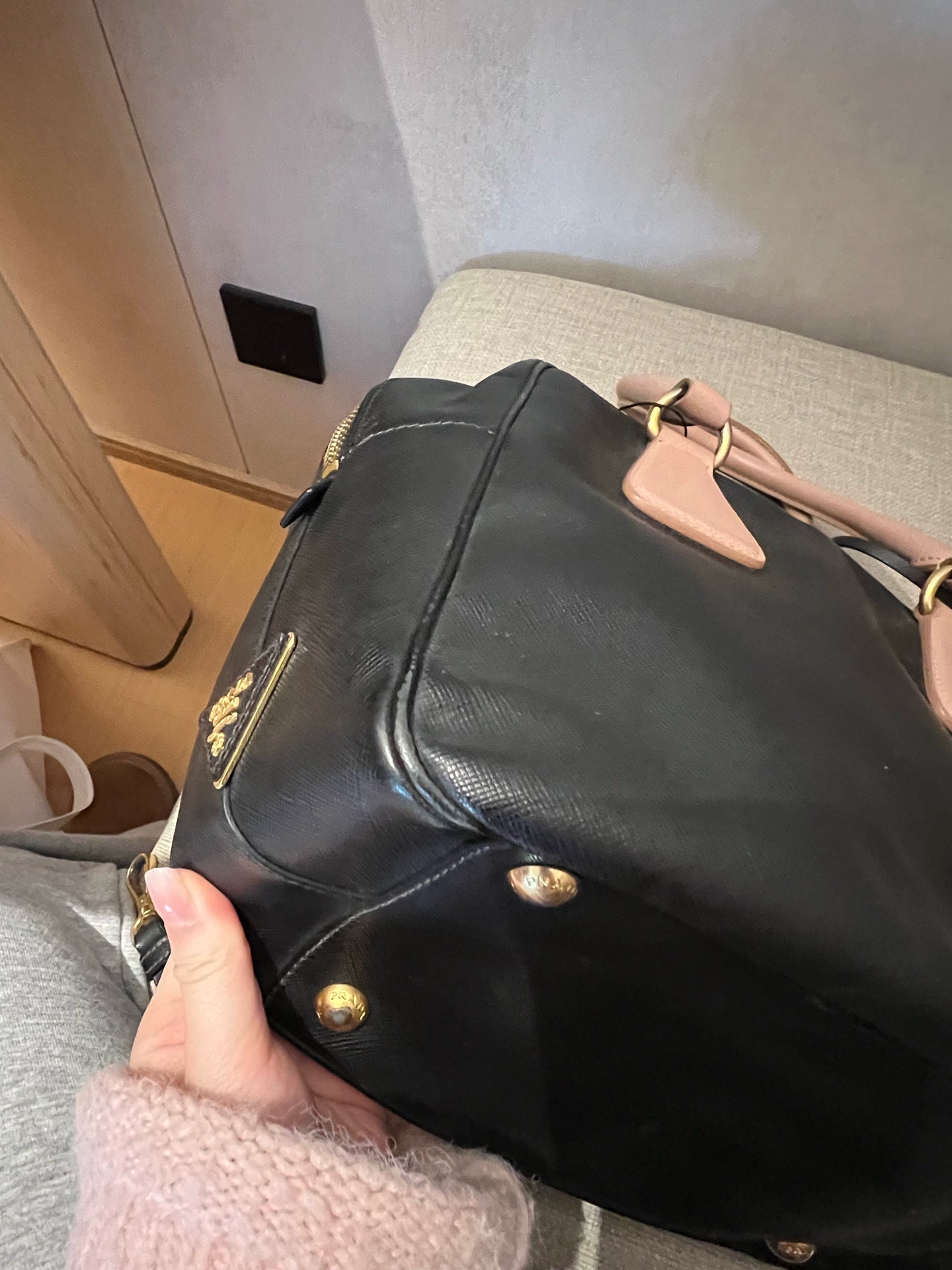 Prada Saffiano Leather Two-Tone Boston Bag with Pink Handles