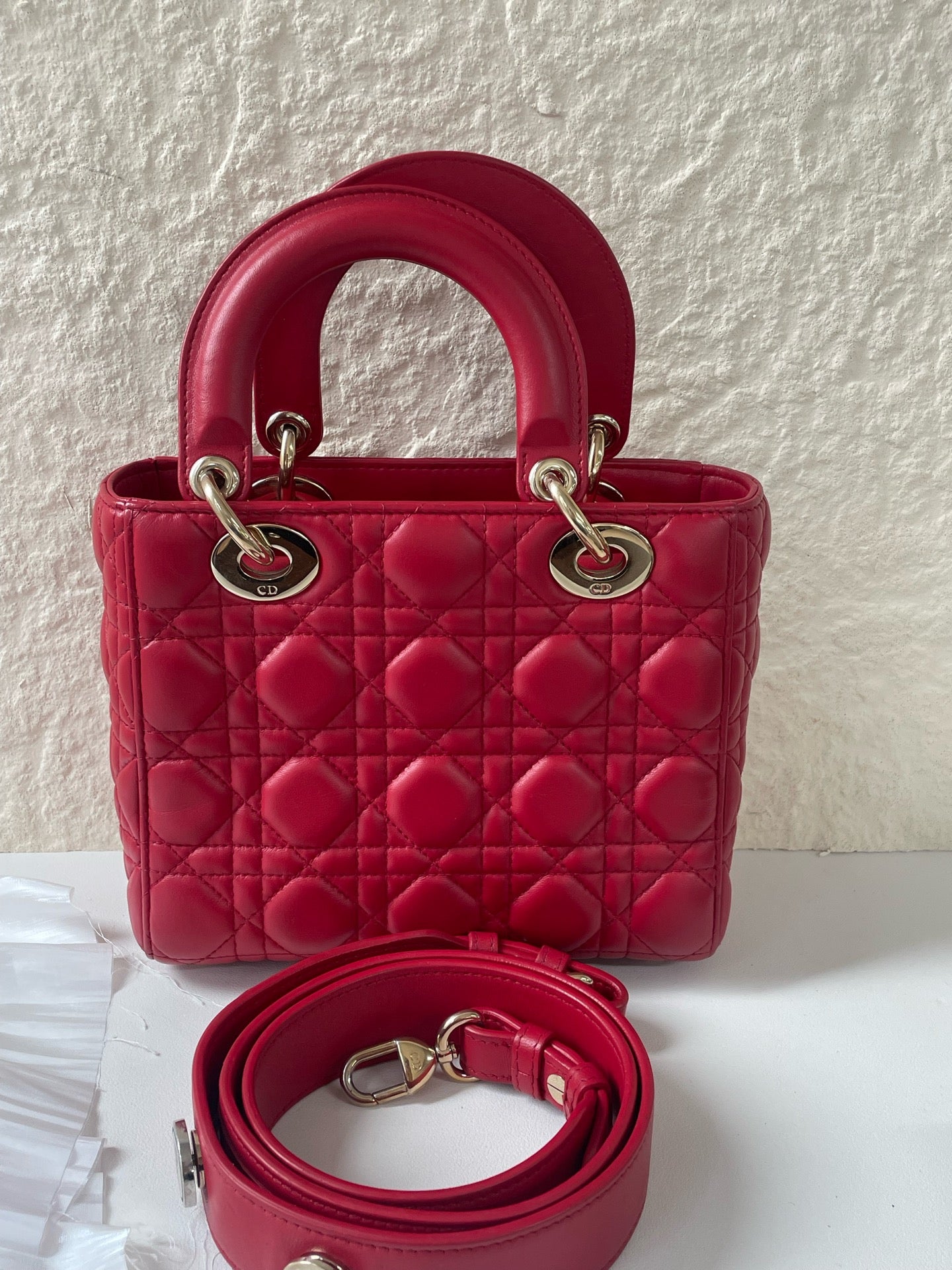 Dior Lady Dior Small Red Lambskin Cannage Handbag