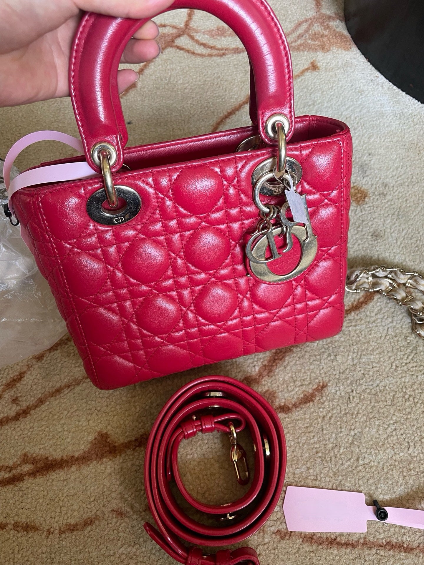 Dior Lady Dior Small Red Lambskin Cannage Handbag