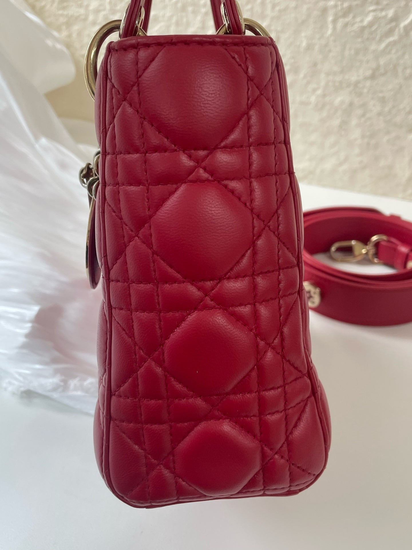 Dior Lady Dior Small Red Lambskin Cannage Handbag