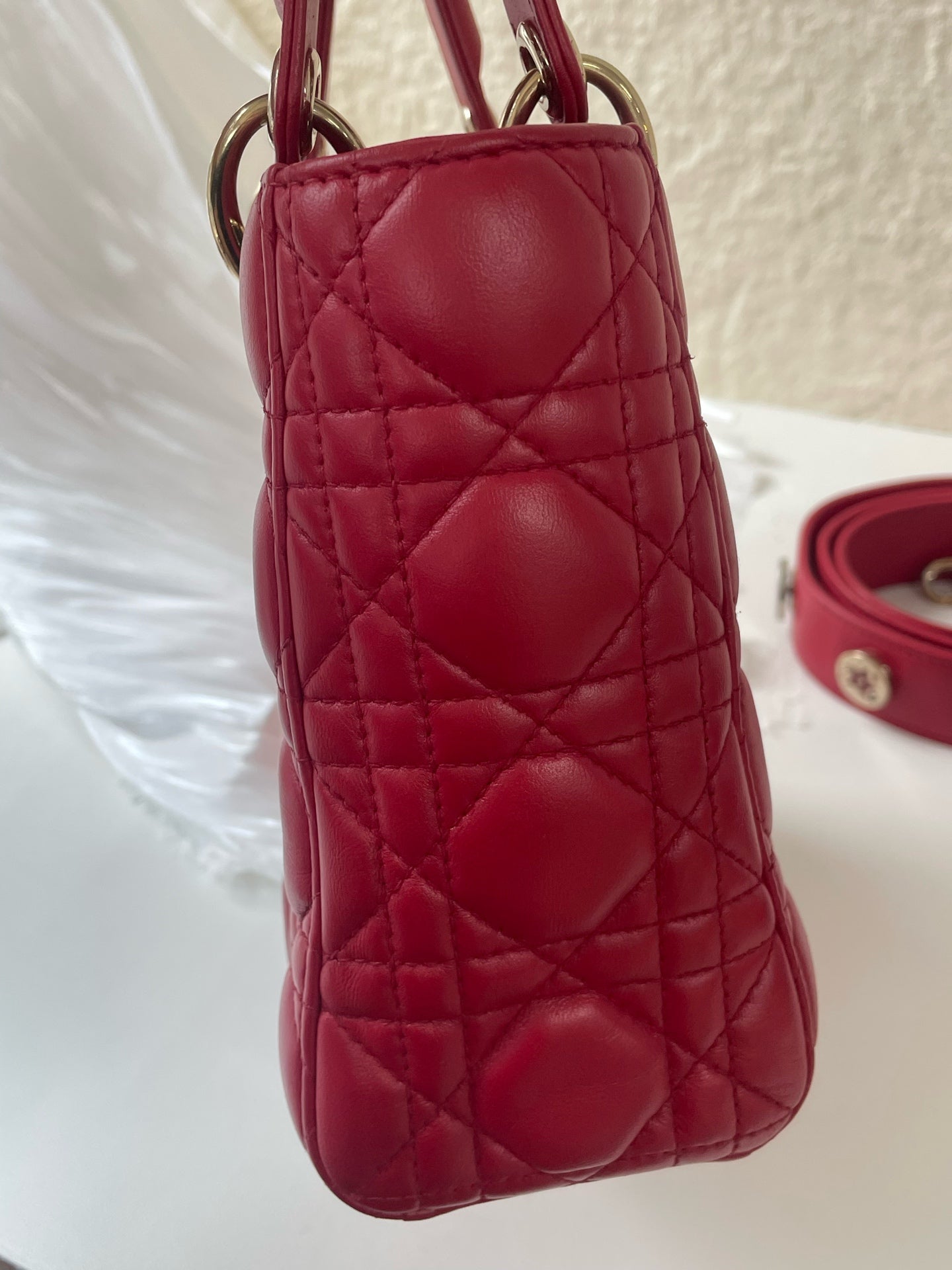 Dior Lady Dior Small Red Lambskin Cannage Handbag