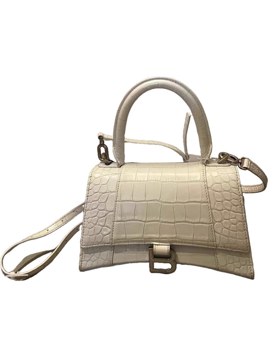 Balenciaga Hourglass XS White Crocodile-Embossed Leather Top Handle Bag