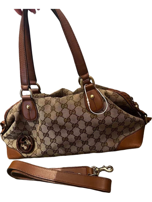 Gucci GG Canvas Beige/Brown Leather Boston Satchel Bag