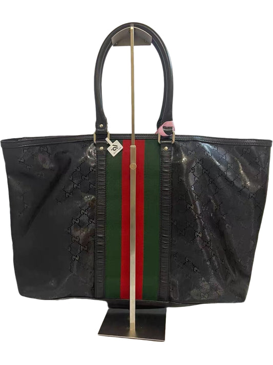 Gucci GG Crystal Canvas Black Web Stripe Tote Bag