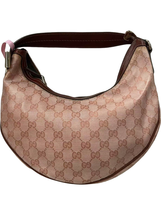 Gucci GG Canvas Pink Crescent Hobo Bag with Bow Charm