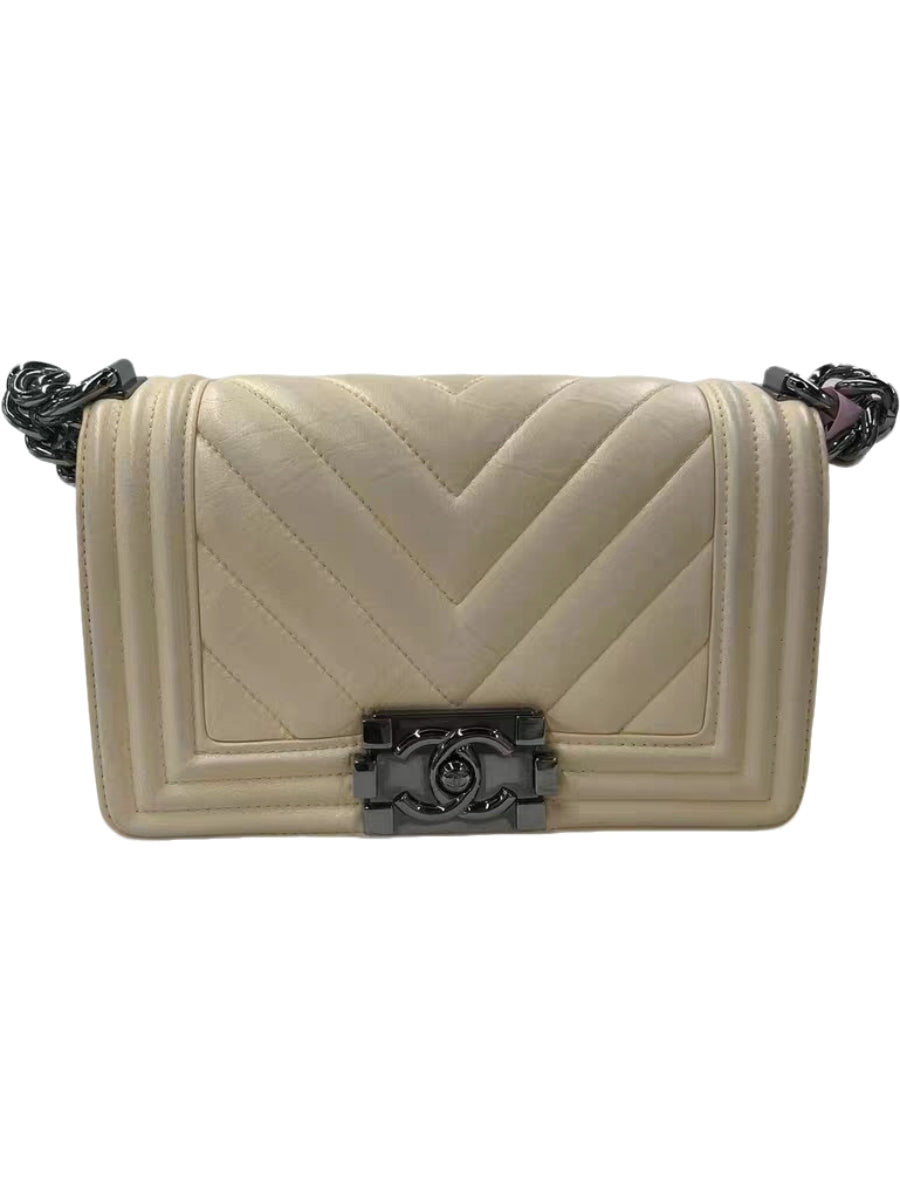Chanel Boy Small Chevron Beige Leather Shoulder Bag
