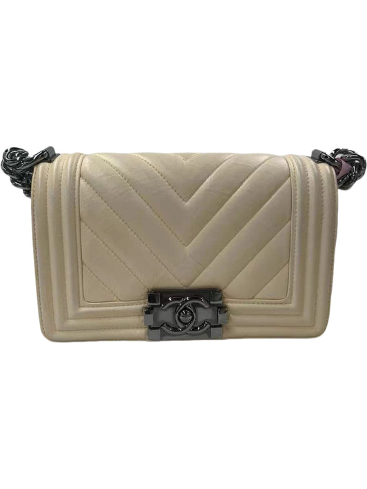 Chanel Boy Small Chevron Beige Leather Shoulder Bag