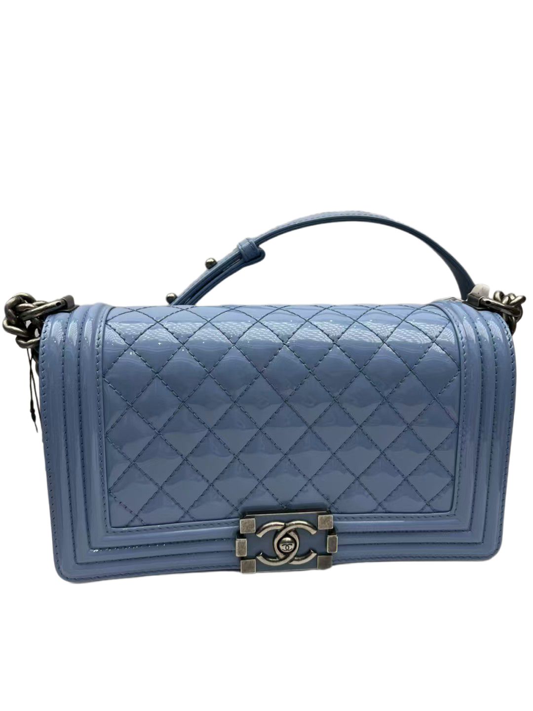 Chanel Boy Medium Lake Blue Patent Leather Shoulder Bag
