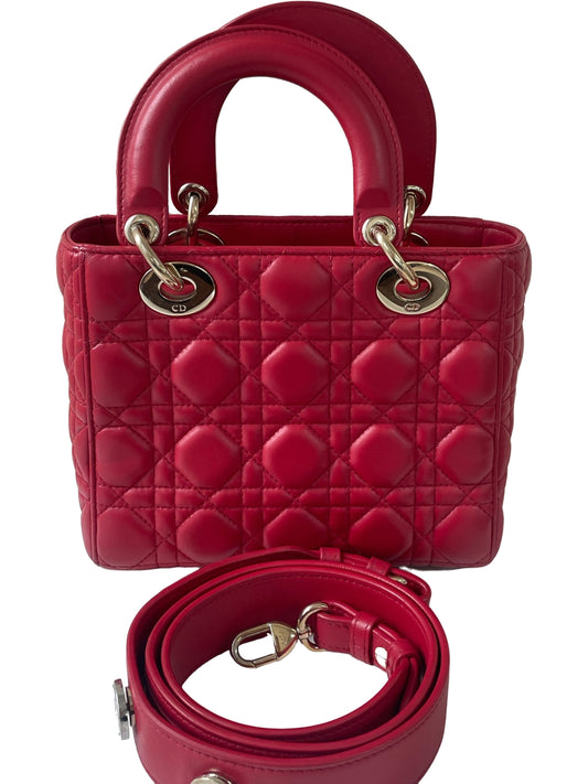 Dior Lady Dior Small Red Lambskin Cannage Handbag
