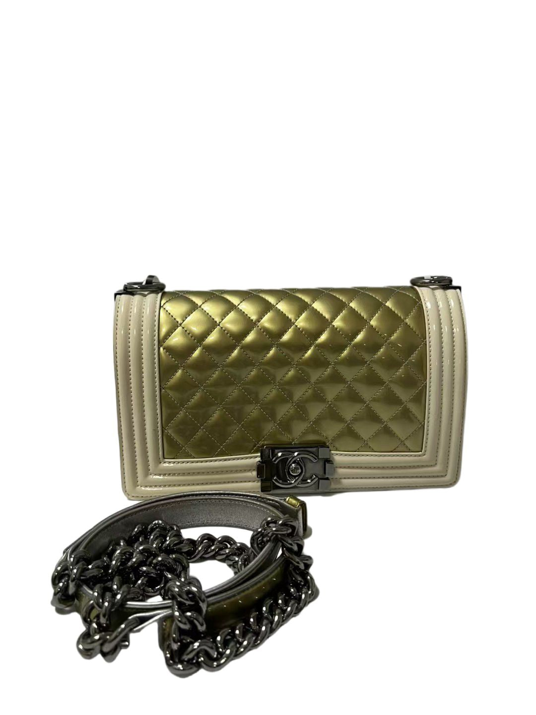 Chanel Boy Medium Gold & White Patent Leather Shoulder Bag