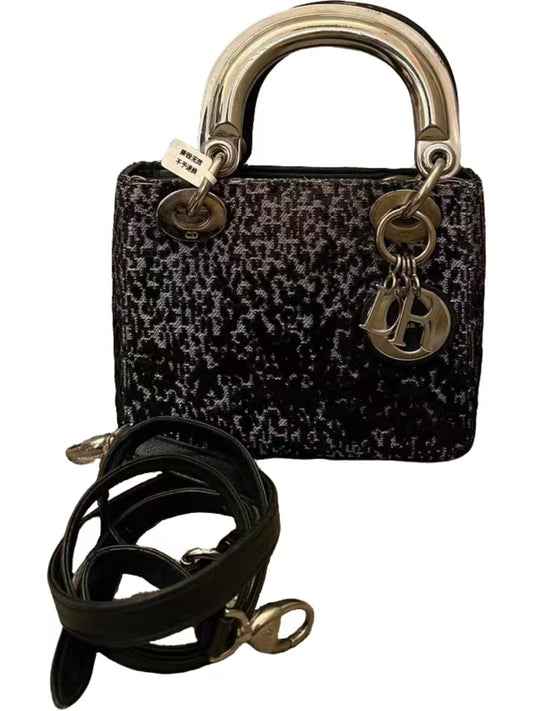 Christian Dior Lady Dior Mini Black & Silver Tweed Fabric Tote Bag