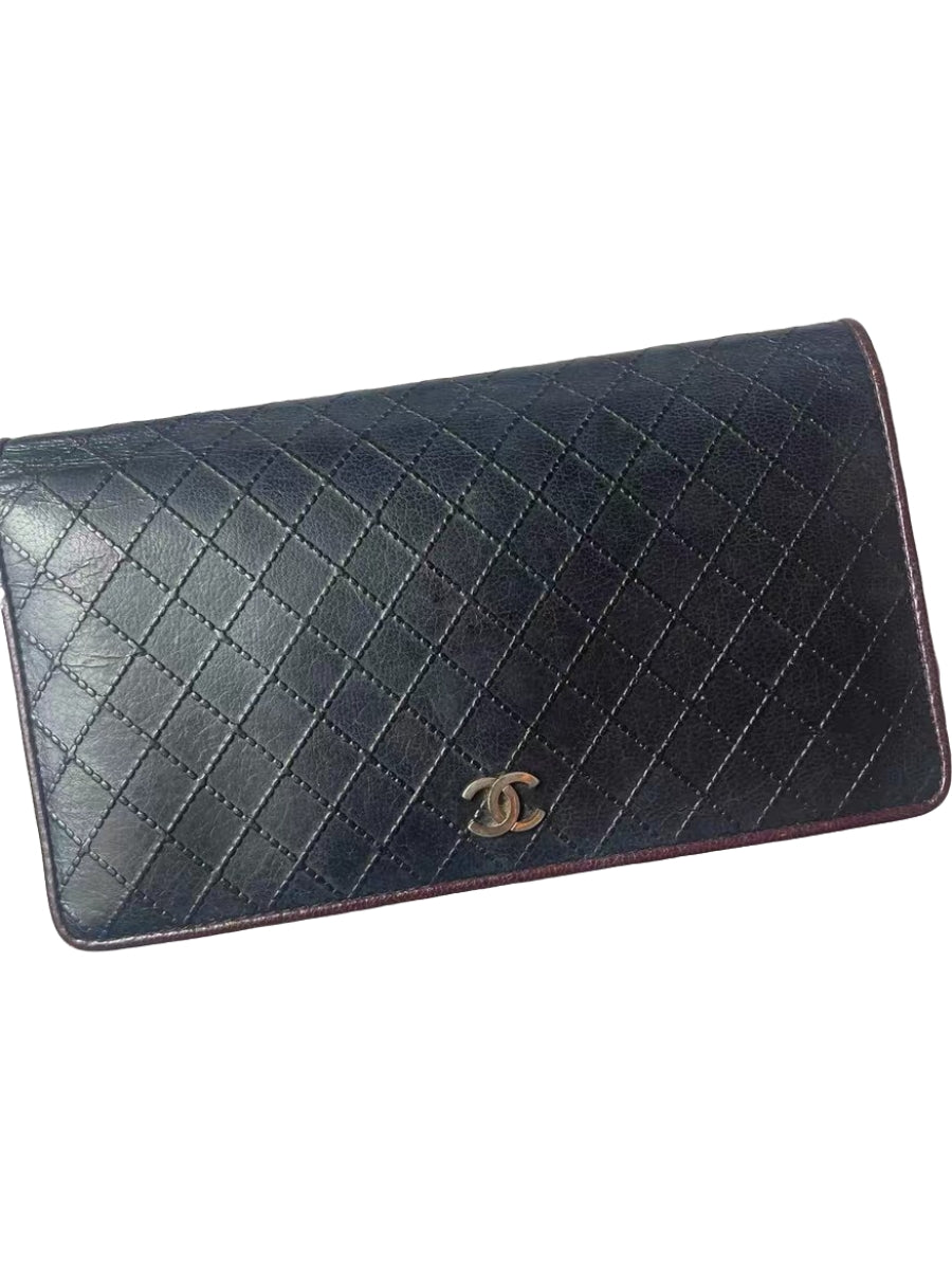 Chanel Black Quilted Leather Burgundy Trim Long Wallet