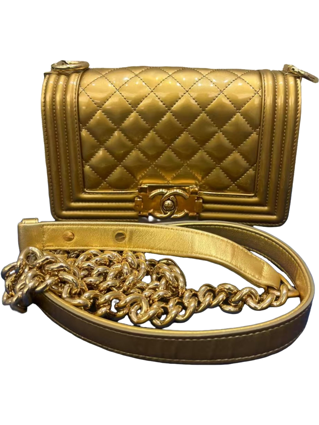 Chanel Boy Small Gold Metallic Quilted Leather Bag