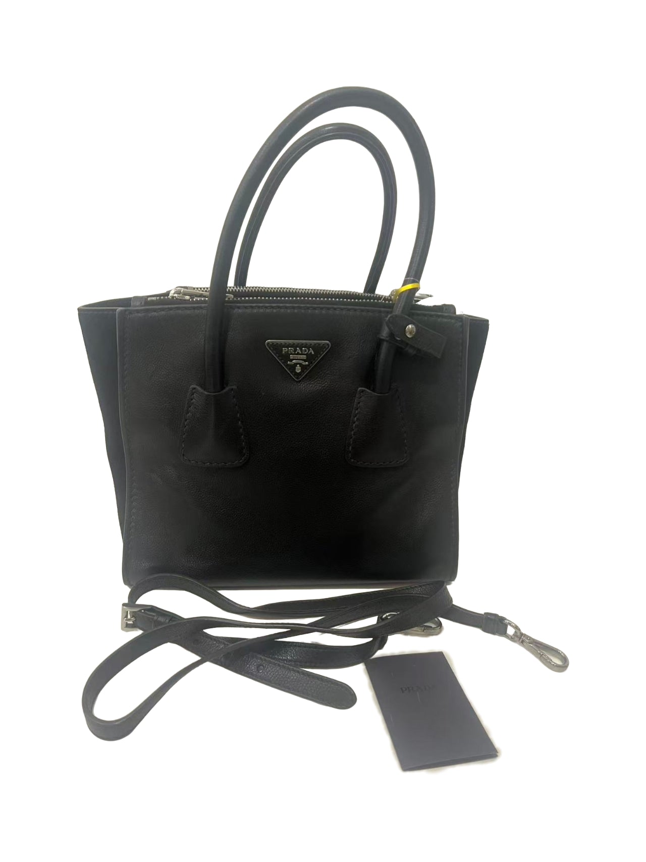 Prada Double Medium Black Leather & Suede Tote Bag