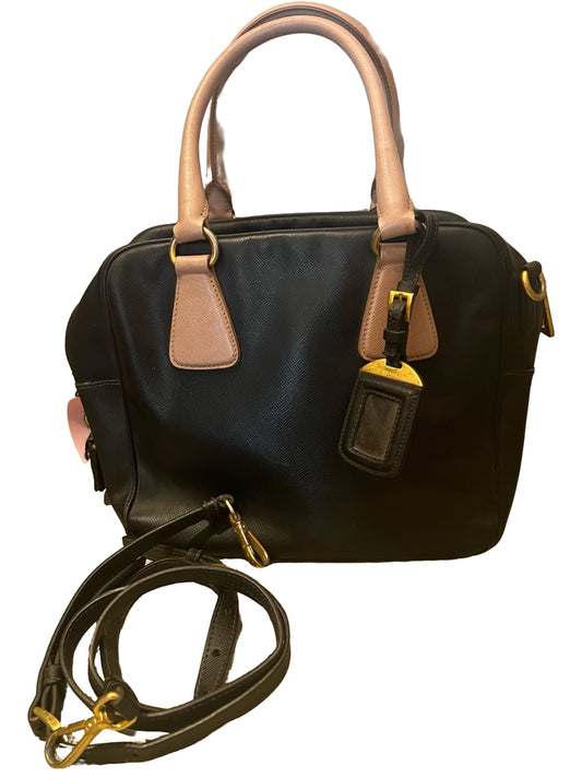 Prada Saffiano Leather Two-Tone Boston Bag with Pink Handles