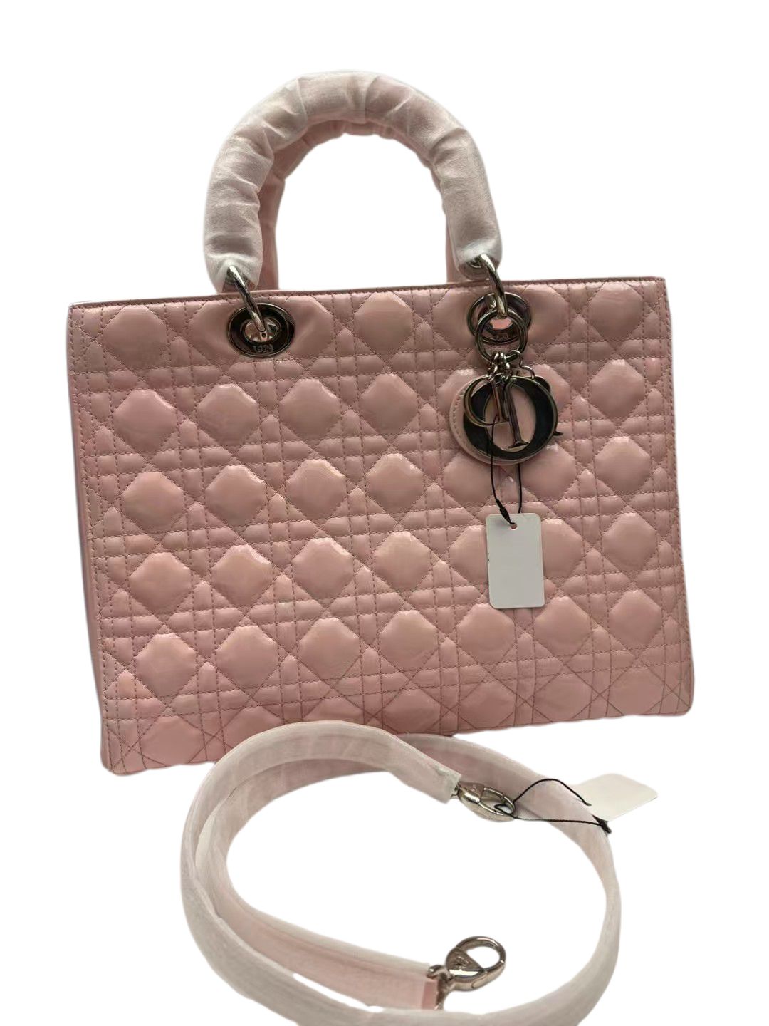 Dior Lady Dior  Large  Pink Cannage Patent Leather Handbag Bag