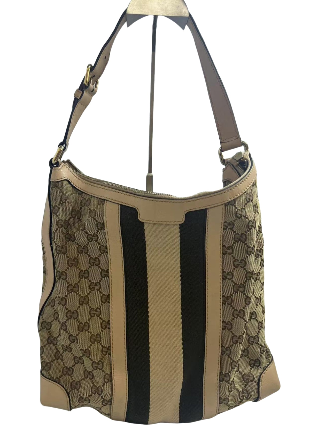 Gucci GG Monogram Web Beige Canvas / Beige Leather Hobo Bag