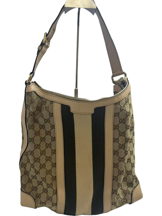 Gucci GG Monogram Web Beige Canvas / Beige Leather Hobo Bag