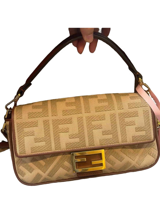 Fendi Baguette Beige FF Logo Canvas Medium Shoulder Bag