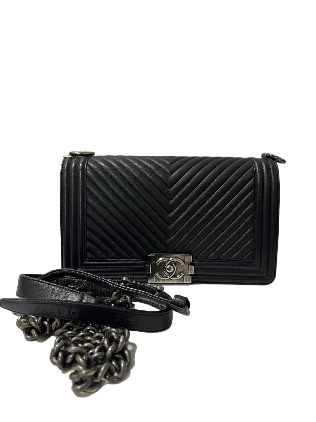 Chanel Boy Medium Black Chevron Calfskin Leather Shoulder Bag